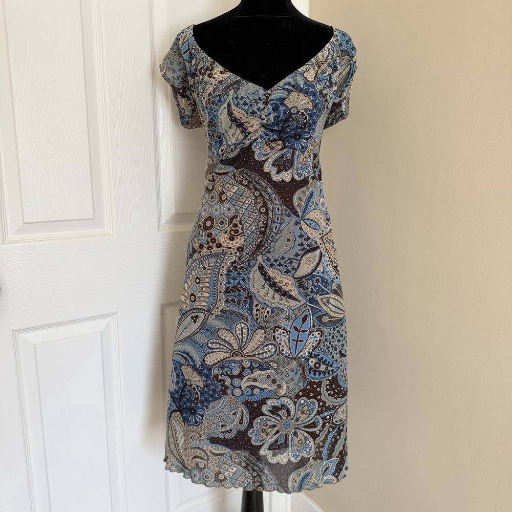 VTG La Belle Paisley Floral Blue Midi Dress Milk Maid Babydoll (M) Cottagecore